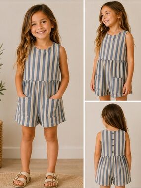 Rylee + Cru Blue Stripe Cotton Romper Shorts 6-7Y Pocket Summer Like New